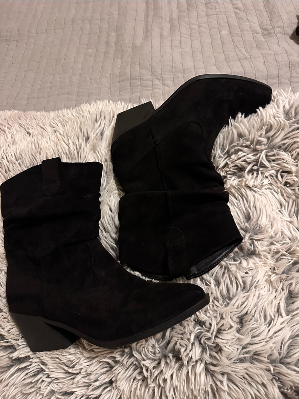 Time and Tru Black Suede Ankle Booties with Block Heel